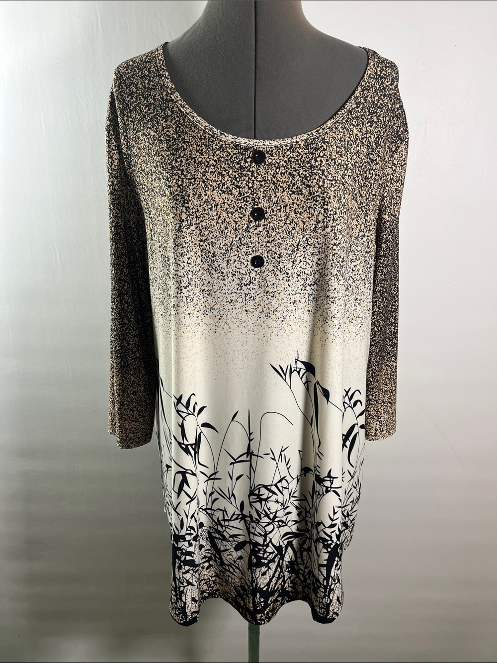 Baishenggt Women's Black and Cream Printed Scoop Neck Tunic Top Size 2XL
